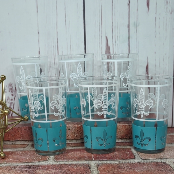 Hazel Atlas Set of 6 Glasses Tumbler White Turquoise 12oz. Highball Fleur-de-Lis - Picture 5 of 16